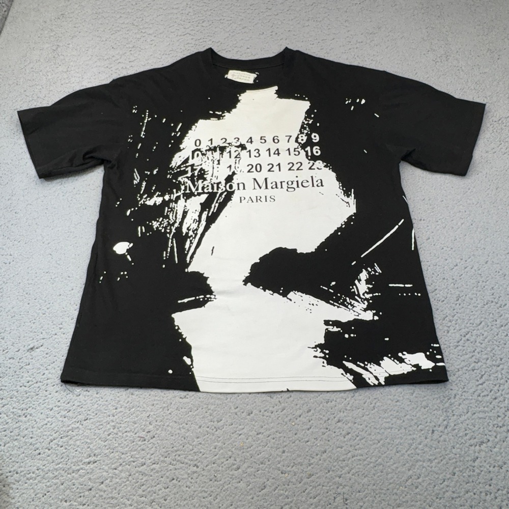 Maison Margiela T Shirt Mens 48 Black Paint Splatter Logo Graphic Italy Luxury